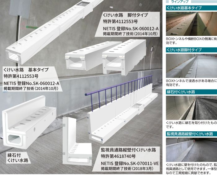 くけい水路（矩形水路）・縁石付くけい水路・監視員通路縦壁付くけい水路 ケイコン 製品・工法