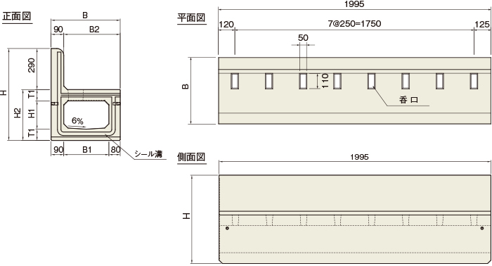 くけい水路（矩形水路）・縁石付くけい水路・監視員通路縦壁付くけい水路　縁石付くけい水路　標準タイプ　製品図