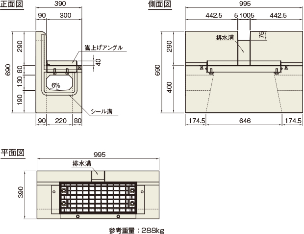 くけい水路（矩形水路）・縁石付くけい水路・監視員通路縦壁付くけい水路　縁石付くけい水路　Φ200相当用 桝　製品図