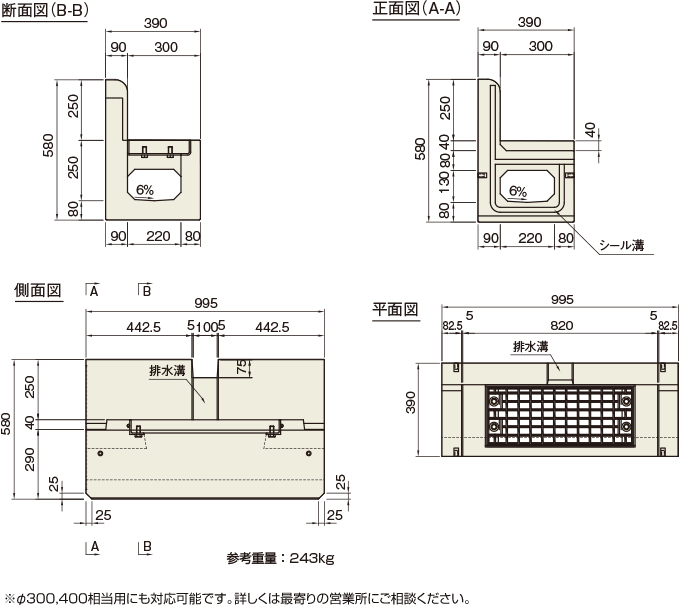 くけい水路（矩形水路）・縁石付くけい水路・監視員通路縦壁付くけい水路　縁石付くけい水路　Φ200相当用 集水型　製品図